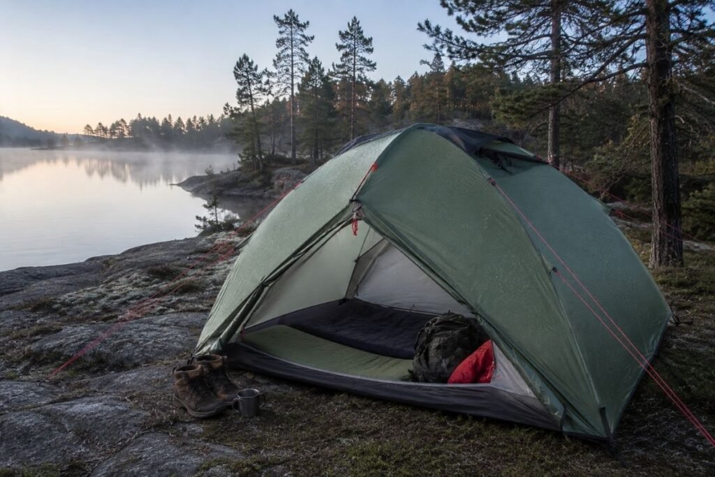 Kuppeltelt med åpne ventiler ved en norsk innsjø, med kondensdråper på innsiden av ytterduken.