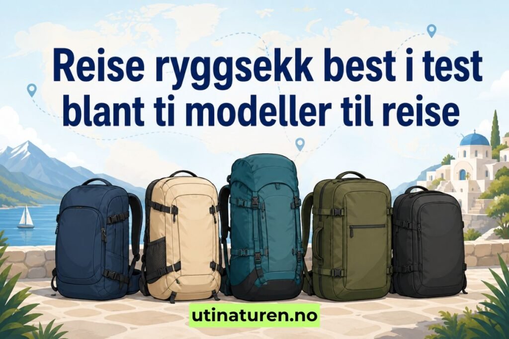 Flere reiseryggsekker i ulike størrelser stilt opp side ved side foran en flyplassinnsjekk