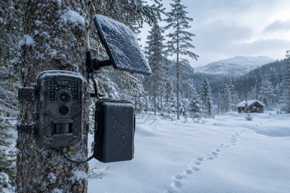 robust viltkamera festet til et grantre i vinterlig norsk natur, omgitt av snø, frost og dyrespor, tilpasset kalde og fuktige forhold